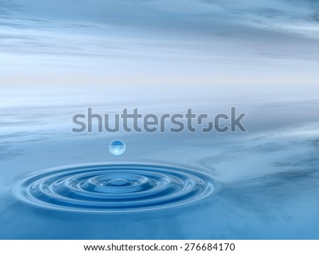 Concept or conceptual blue liquid drop falling in water splash background with ripples and waves, metaphor to nature, natural, summer, spa, drink, cool, business, environment, rain or health design