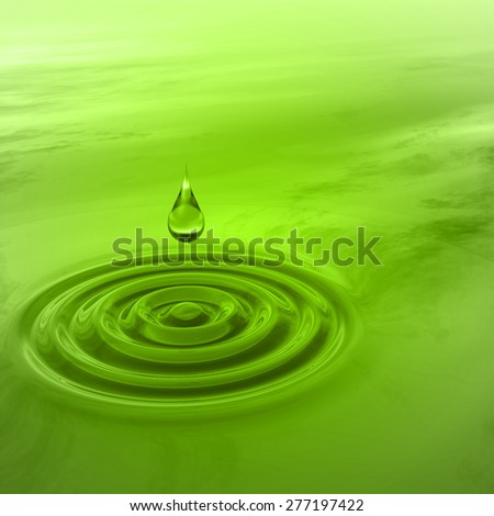 Concept or conceptual green liquid drop falling in water with ripples and waves background  metaphor to nature, natural, summer, spa, drink, cool, business, environment, rain or health design