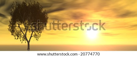 horizontal banner with a tree on horizon against a sky at sunset