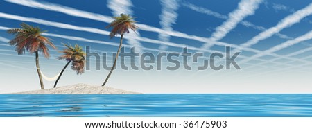 small isolated island with palm trees and a hammock over a clear blue water and a blue sky with plane traces or trails
