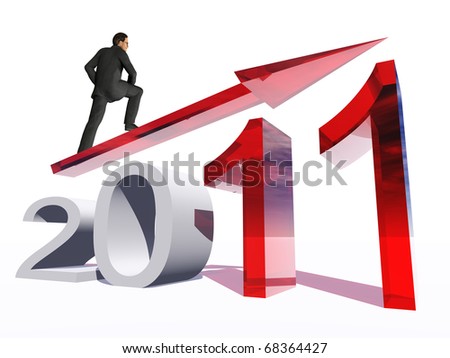 High resolution conceptual 2011 year as a graphic with a 3D businessman surfing on the arrow. The man is a render of a virtual 3D model.