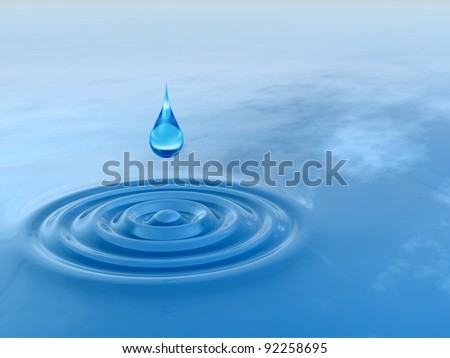 High resolution concept or conceptual blue liquid drop falling in water with ripples and waves, ideal for nature,natural,summer,spa,cool,business,environment or health design