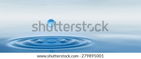 Concept or conceptual blue liquid drop falling in water with ripples and waves background banner metaphor to nature, natural, summer, spa, drink, cool, business, environment, rain or health design