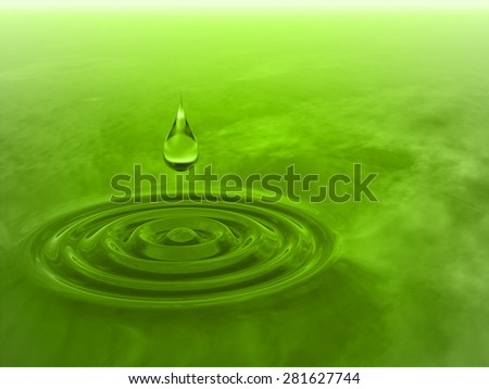 Concept or conceptual green liquid drop falling in water with ripples and waves background, metaphor to nature, natural, summer, spa, drink, cool, business, environment, rain or health design