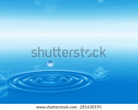 Concept or conceptual blue liquid drop falling in water with ripples and waves background metaphor to nature, natural, summer, spa, drink, cool, business, environment, rain or health design