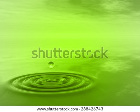 Concept or conceptual green liquid drop falling in water with ripples and waves background as metaphor to nature, natural, summer, spa, drink, cool, business, environment, rain or health design