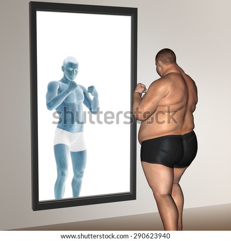 Concept or conceptual 3D fat overweight vs slim fit with muscles young man on diet reflecting in mirror, metaphor weight loss, body, fitness, fatness, obesity, health, healthy, male, dieting or shape
