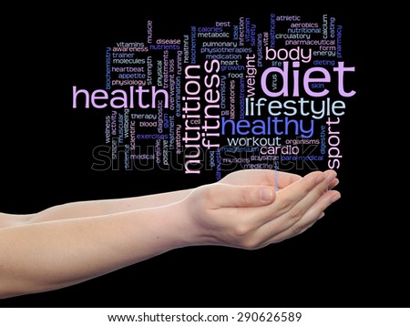 Concept or conceptual abstract word cloud man hand on black background, metaphor to health, nutrition, diet, wellness, body, energy, medical, fitness, medical, gym, medicine, sport, heart or science