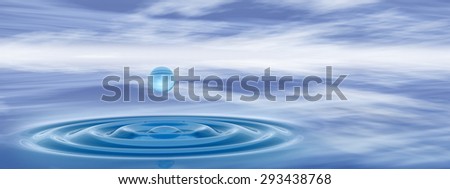 Concept or conceptual blue liquid drop falling in water with ripples and waves background banner metaphor to nature, natural, summer, spa, drink, cool, business, environment, rain or health design