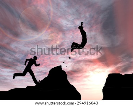 Concept or conceptual young 3D man or businessman silhouette jump happy from cliff over  gap sunset or sunrise sky background as metaphor to freedom, nature, mountain, success, free, joy, health risk
