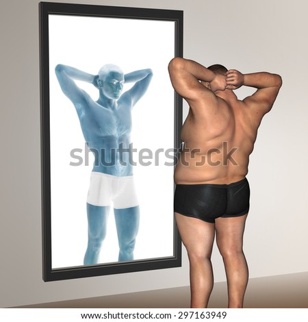 Concept or conceptual 3D fat overweight vs slim fit with muscles young man on diet reflecting in a mirror metaphor weight loss, body, fitness, fatness, obesity, health, healthy, male, dieting or shape