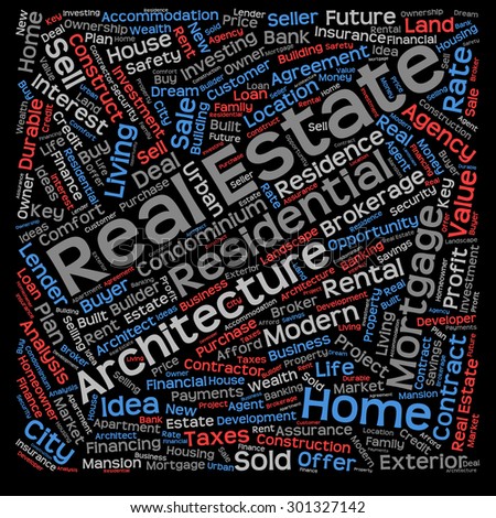Concept or conceptual real estate or housing text word cloud tagcloud isolated on black background, metaphor to investment, family, home, building, sale, residential, property, construction business