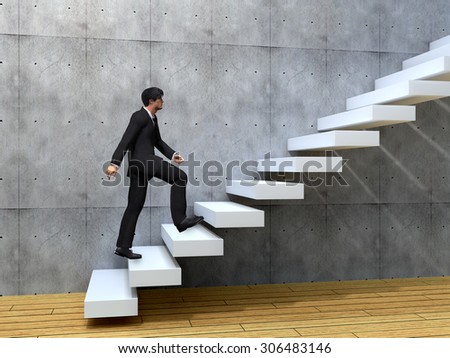 Concept or conceptual 3D male businessman on stair or steps near a wall background, metaphor to success, climb, business, rise, achievement, growth, job, career, leadership, education, goal or future