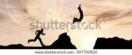 Concept or conceptual young 3D man or businessman silhouette jump happy from cliff over  gap sunset or sunrise sky background banner