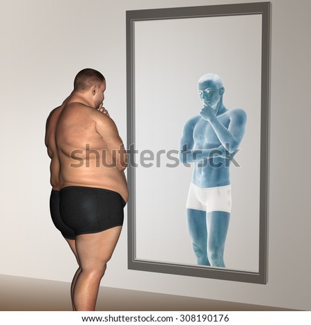 Concept or conceptual 3D fat overweight vs slim fit with muscles young man on diet reflecting in a mirror metaphor weight loss, body, fitness, fatness, obesity, health, healthy, male, dieting or shape