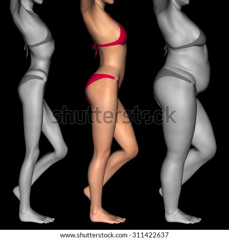 Concept or conceptual 3D woman, girl as fat, overweight vs fit healthy, skinny underweight anorexic female before and after diet, metaphor to health, nutrition, beauty, body, sport, slimming or shape
