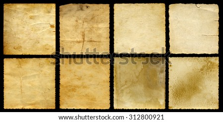 Concept or conceptual old vintage paper background set or collection isolated on black background ideal for antique, grunge, texture, retro, aged, ancient, dirty, frame, manuscript or material designs