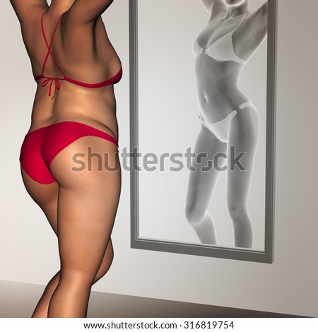 Conceptual 3D woman, girl as fat, overweight vs fit healthy, skinny underweight anorexic female before and after diet over a mirror metaphor to health, nutrition, beauty, body, sport, slimming, shape