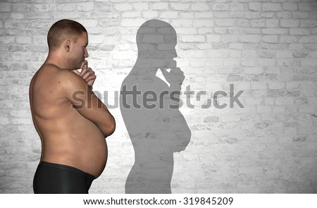 Conceptual 3D fat or overweight and slim fit young man on diet over vintage brick wall background metaphor to health, body, fitness, dieting, abdomen, loss, lifestyle, obesity, unhealthy, sport, thin