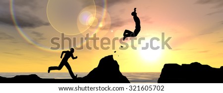 Concept or conceptual young 3D man, businessman silhouette jump happy from cliff over water gap sunset or sunrise sky background, metaphor to freedom, nature, mountain, success, free, joy, health risk