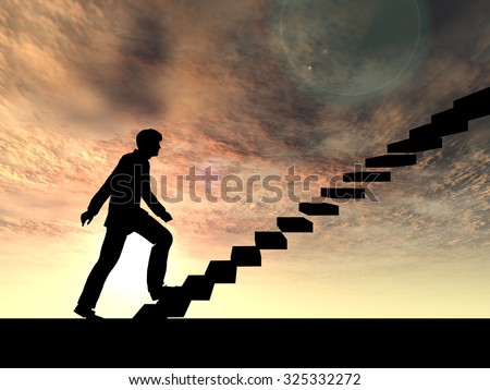 Concept or conceptual 3D male businessman on stair or steps over sunset sky background metaphor to success, climb, business, rise, achievement, growth, job, career, leadership, education, goal future