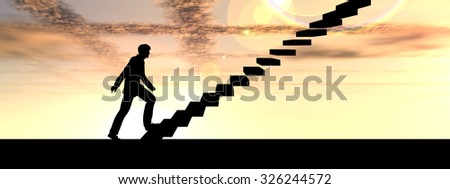Conceptual 3D male businessman on stair or steps over sunset sky background banner metaphor to success, climb, business, rise, achievement, growth, job, career, leadership, education, goal or future