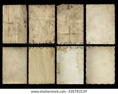 Concept or conceptual old vintage paper background set or collection isolated on black background ideal for antique, grunge, texture, retro, aged, ancient, dirty, frame, manuscript or material designs