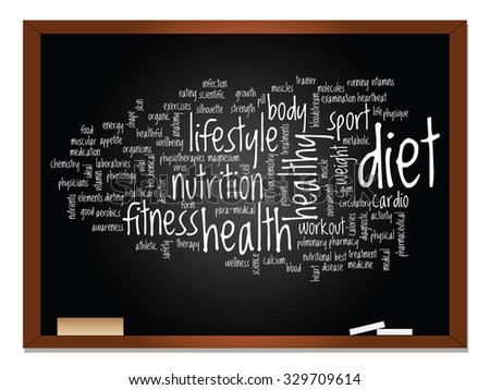 Concept or conceptual abstract word cloud on blackboard background, metaphor to health, nutrition, diet, wellness, body, energy, medical, fitness, medical, gym, medicine, sport, heart science