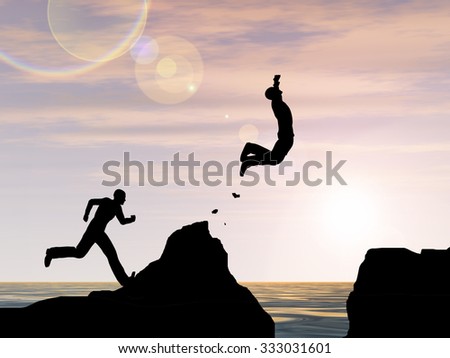 Concept conceptual 3D young man or businessman silhouette jump happy from cliff over water gap sunset or sunrise sky background metaphor to freedom, nature, mountain, success, free, joy, health risk