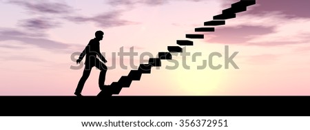 Concept 3D male businessman on stair or steps over sunset sky background banner metaphor to success, climb, business, rise, achievement, growth, job, career, leadership, education, goal or future