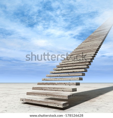 Concept or conceptual 3D illustration stair steps to heaven on sky background in desert with clouds for success, career, work, job, achievement, development, growth, progress, vision, future or faith