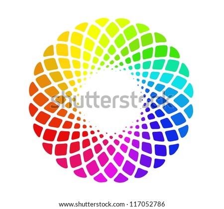 Image of hand drawing and digital colorful circle, rainbow background with depth illusion