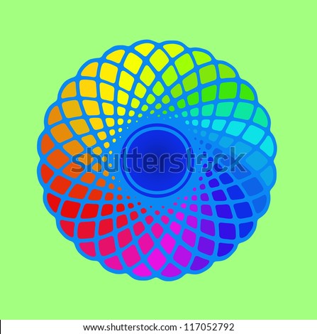 Image of hand drawing and digital colorful circle, rainbow background with depth illusion