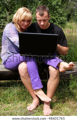 Lovers, nature, internet, notebook and computer addiction