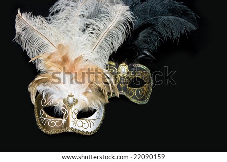 Two Venetian Masks Lying On Black Background Two Venetian Masks Lying On Black Background Stock Photo