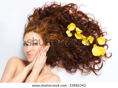 stock photo : Close-up beautiful fresh luxury red-haired lady with yellow 