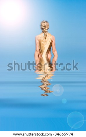 Blond beauty lady standing in blue sea water around in light beams