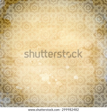 Old paper texture with elegant thin arabian ornament. Watercolor background.
