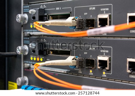 Fiber Optic on network core switch close up
