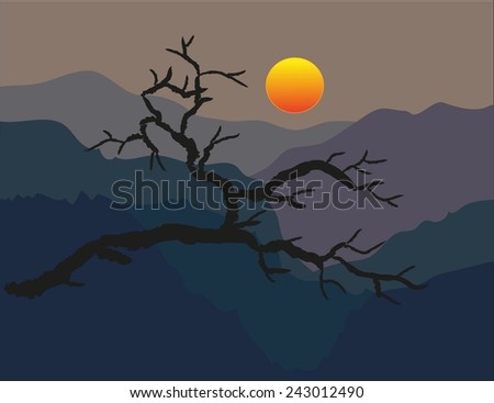 dry branch of a tree on a background of the misty hills and setting sun