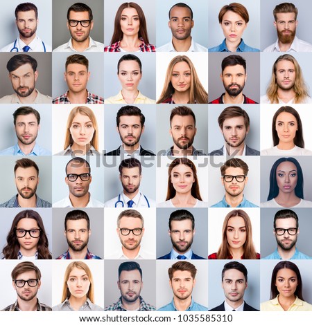 Collage of many diverse, multi-ethnic people\'s close up heads, beautiful, attractive, handsome, pretty expressing concentrated, thoughtful, dreamy emotions, isolated on grey background