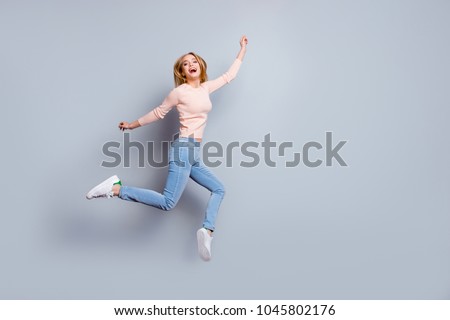 Job employment shoes legs laughter person fan concept. Full-length full-size view of laughing feeling good mood pretty businesswoman dressed in jeans denim sweater outfit isolated on gray background