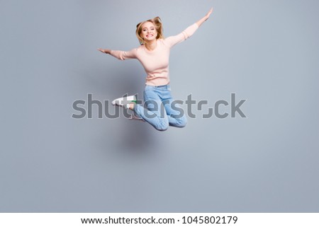 Joy fun enjoy funny crazy mad funky chill positive lifestyle person concept. Full-size view of excited cheerful delight rejoicing pretty employee jumping up isolated on gray background
