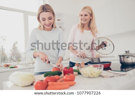 Cheerful joyful lovely mother and daughter cooking homemade meal frying eggs cutting vegetables with knife speaking talking laughing preparing dinner together in house, healthy domestic lifestyle