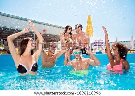 Cool lifestyle rich tourism travel event trip journey entertainment delight bonding concept. Crazy careless excited joyful sporty sexy with toothy smile friends move in pool. Love couple background