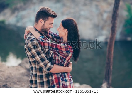 I adore you! My heart belongs to you! Love confession feelings day honeymoon anniversary concept. Side profile view photo portrait of cute lovely attractive people looking in eyes spending time