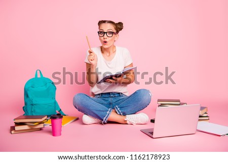 Task, test, learning concept. Full legs, body, size portrait of imagine, inspiration, intelligent, reader girl sitting on the floor in classroom visited the idea isolated on bright pink background
