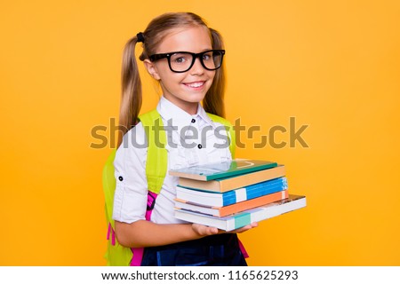 Back to school concept! Half turned close up photo portrait of lovely confident beautiful clever girl with copybook notebook wearing white blouse green bright backpack isolated vivid background