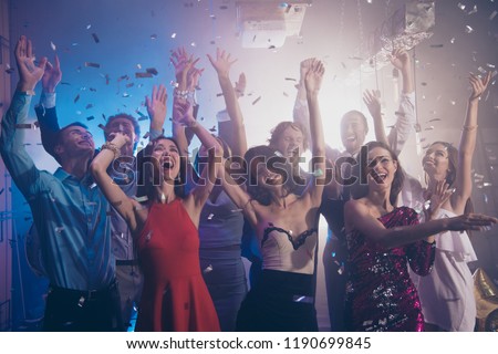 Leisure, lifestyle, careless, carefree concept. Photo of ecstatic, positivity, happiness, emotion, excited, rejoice ladies and gentleman rest, relax, chill in nightlife party