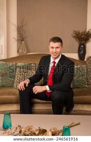 Smiling handsome businessman. Successful young man in a business suit sitting on the couch and smiling